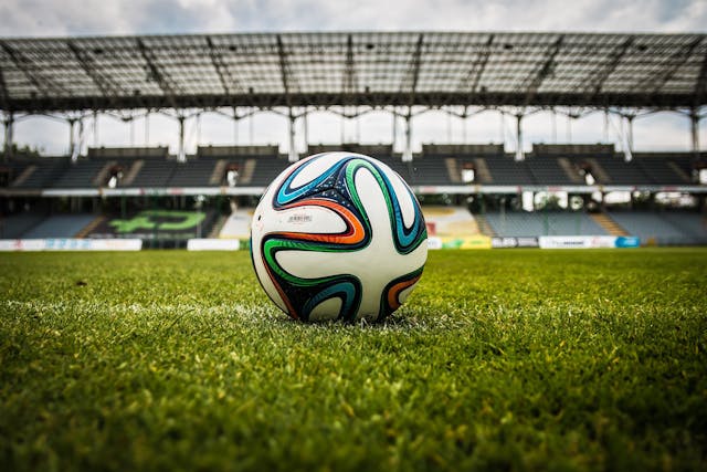 サッカーボールとピッチの無料素材写真